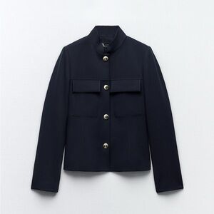 Women's Navy Button-Front Band Collar Jacket